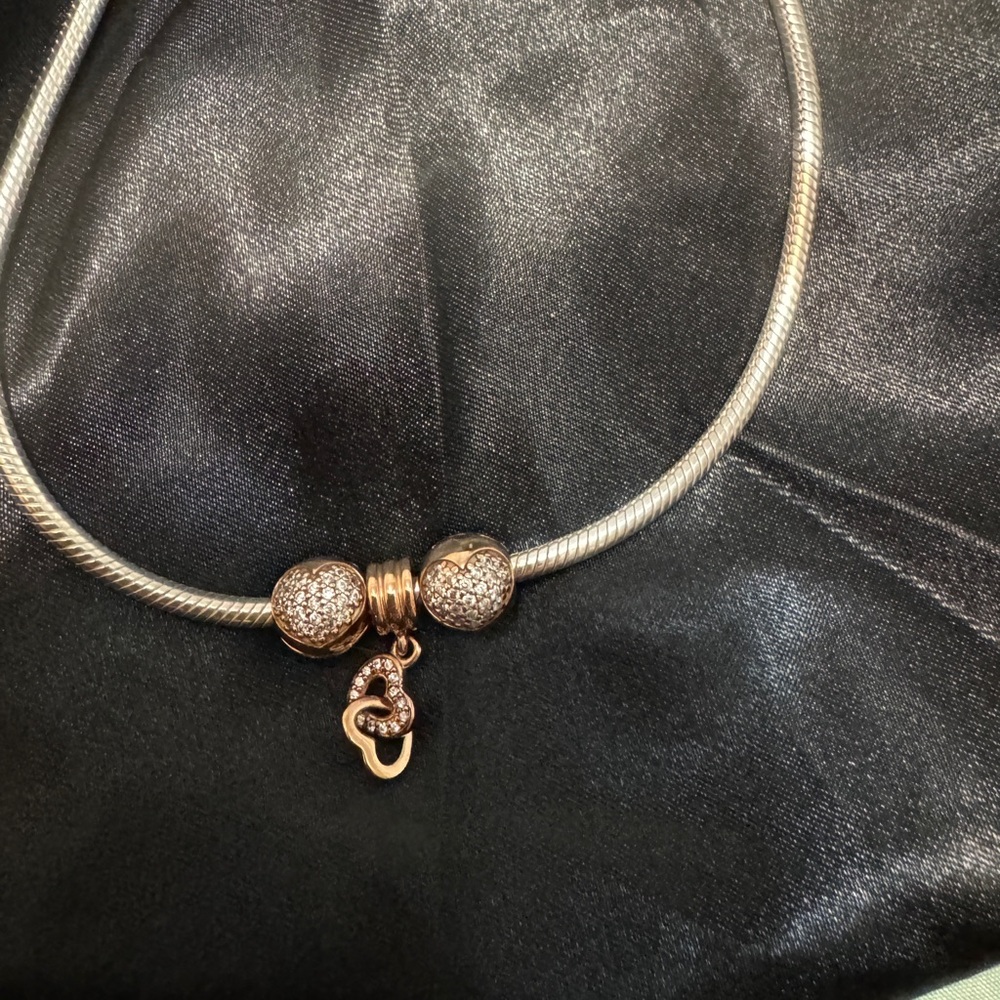 Pandora Silver Necklace 19.7in with two Heart Pave Rose clips and dangled heart